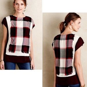 Anthropologie Postmark Burgundy Plaid Fringe Top